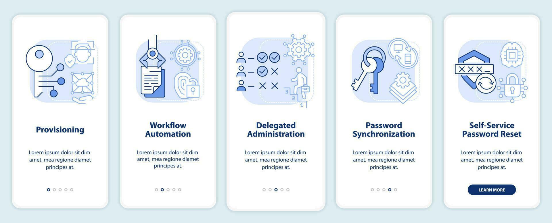 Management of identities light blue onboarding mobile app screen. Walkthrough 5 steps editable graphic instructions with linear concepts. UI, UX, GUI template vector