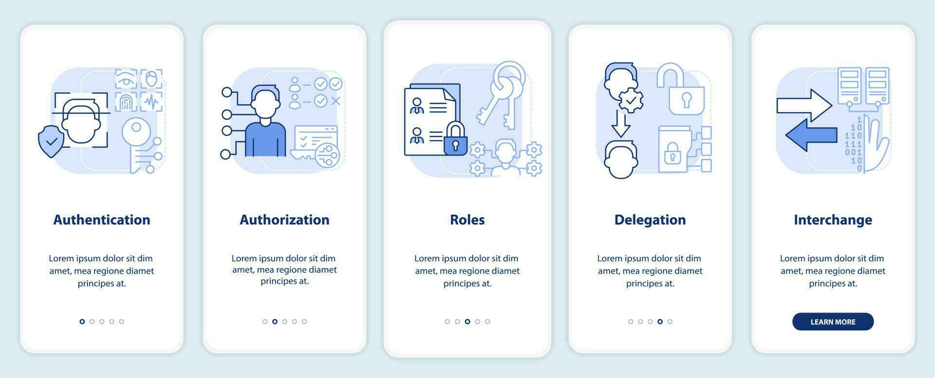 System capabilities light blue onboarding mobile app screen. Access walkthrough 5 steps editable graphic instructions with linear concepts. UI, UX, GUI template vector