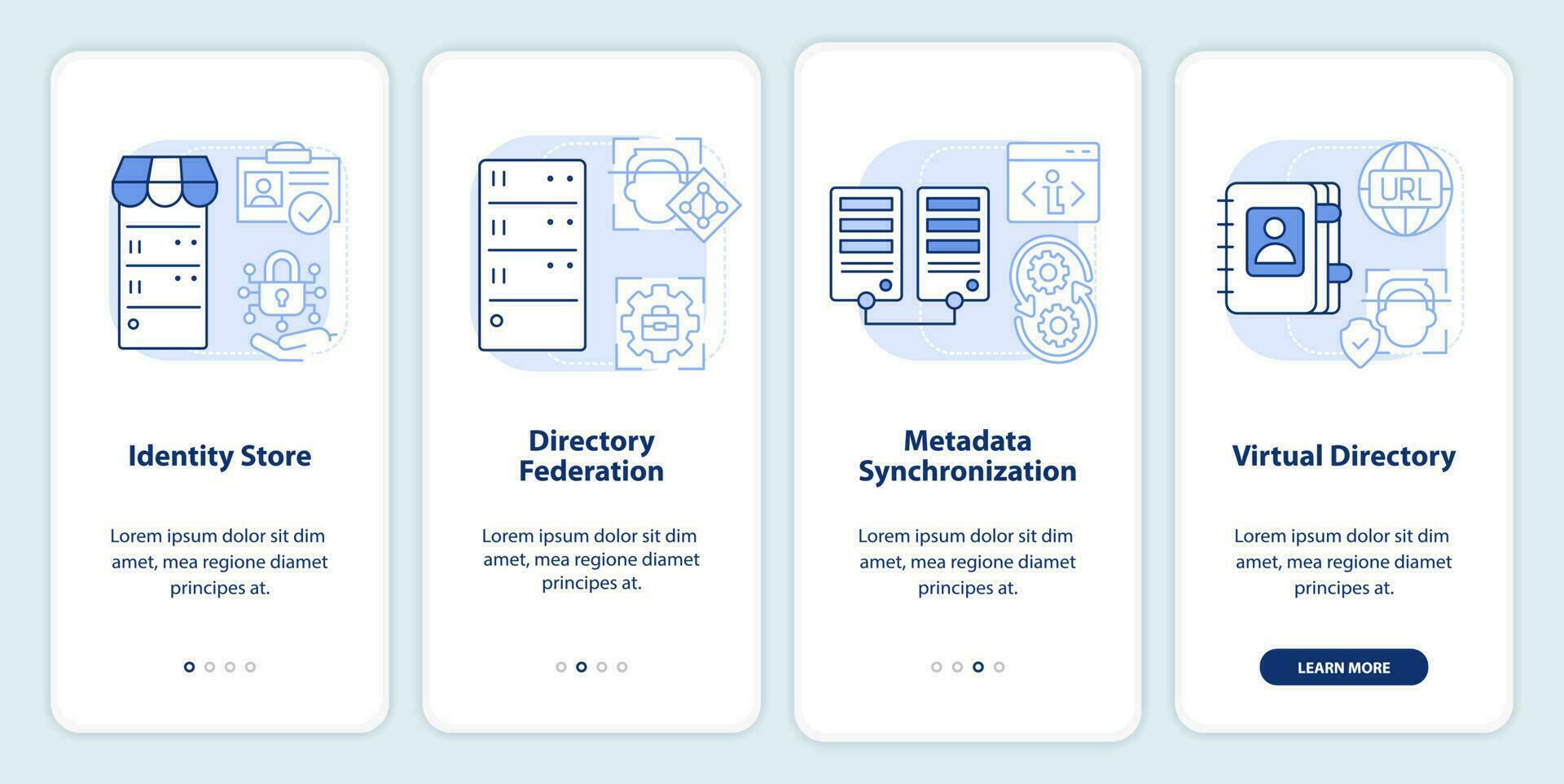 Directory services light blue onboarding mobile app screen. Data walkthrough 4 steps editable graphic instructions with linear concepts. UI, UX, GUI template vector