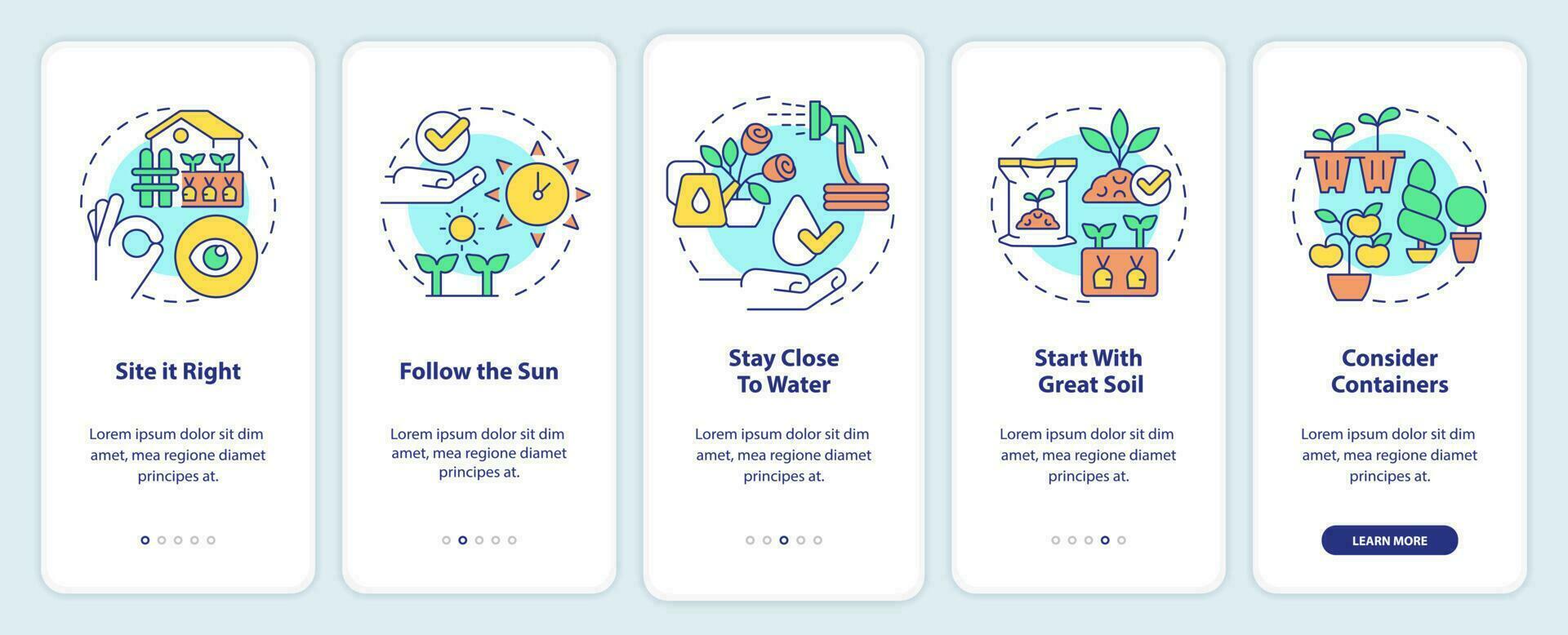 Gardening tips onboarding mobile app screen. Successful planting walkthrough 5 steps editable graphic instructions with linear concepts. UI, UX, GUI template vector