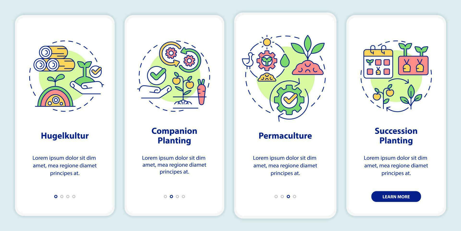 Methods of gardening onboarding mobile app screen. Effective planting walkthrough 4 steps editable graphic instructions with linear concepts. UI, UX, GUI template vector