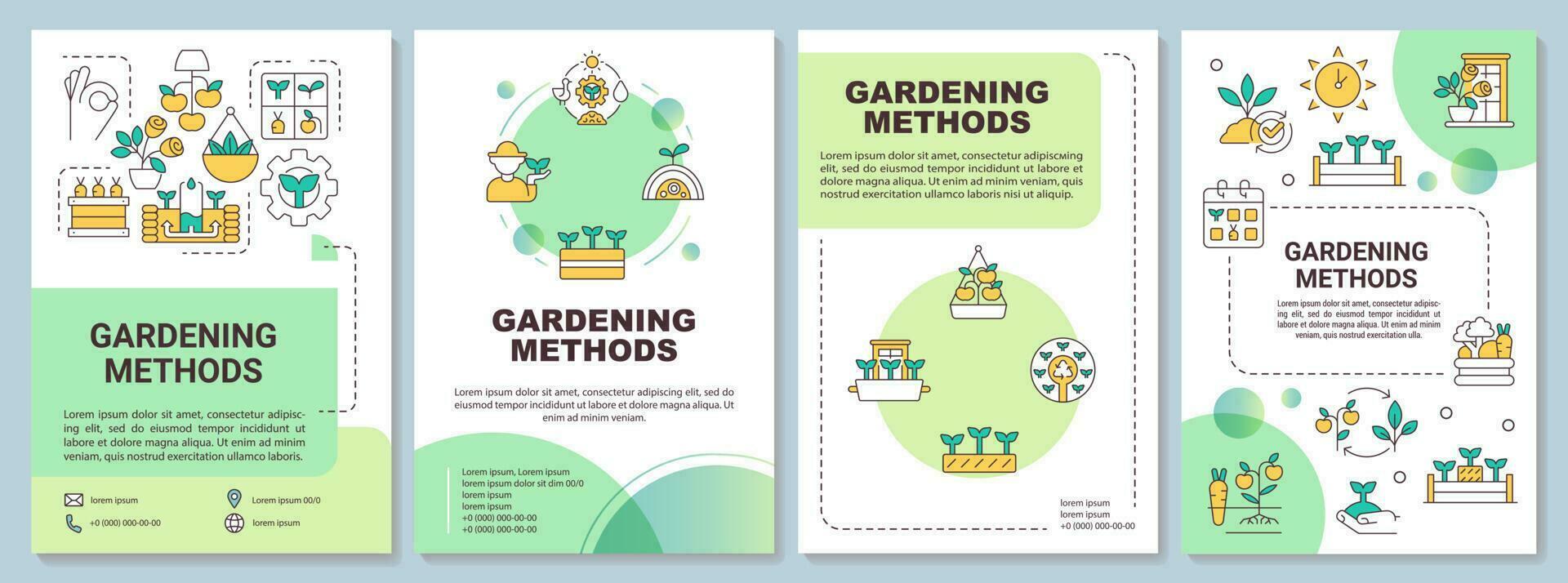 Methods of gardening green brochure template. Planting. Leaflet design with linear icons. Editable 4 vector layouts for presentation, annual reports