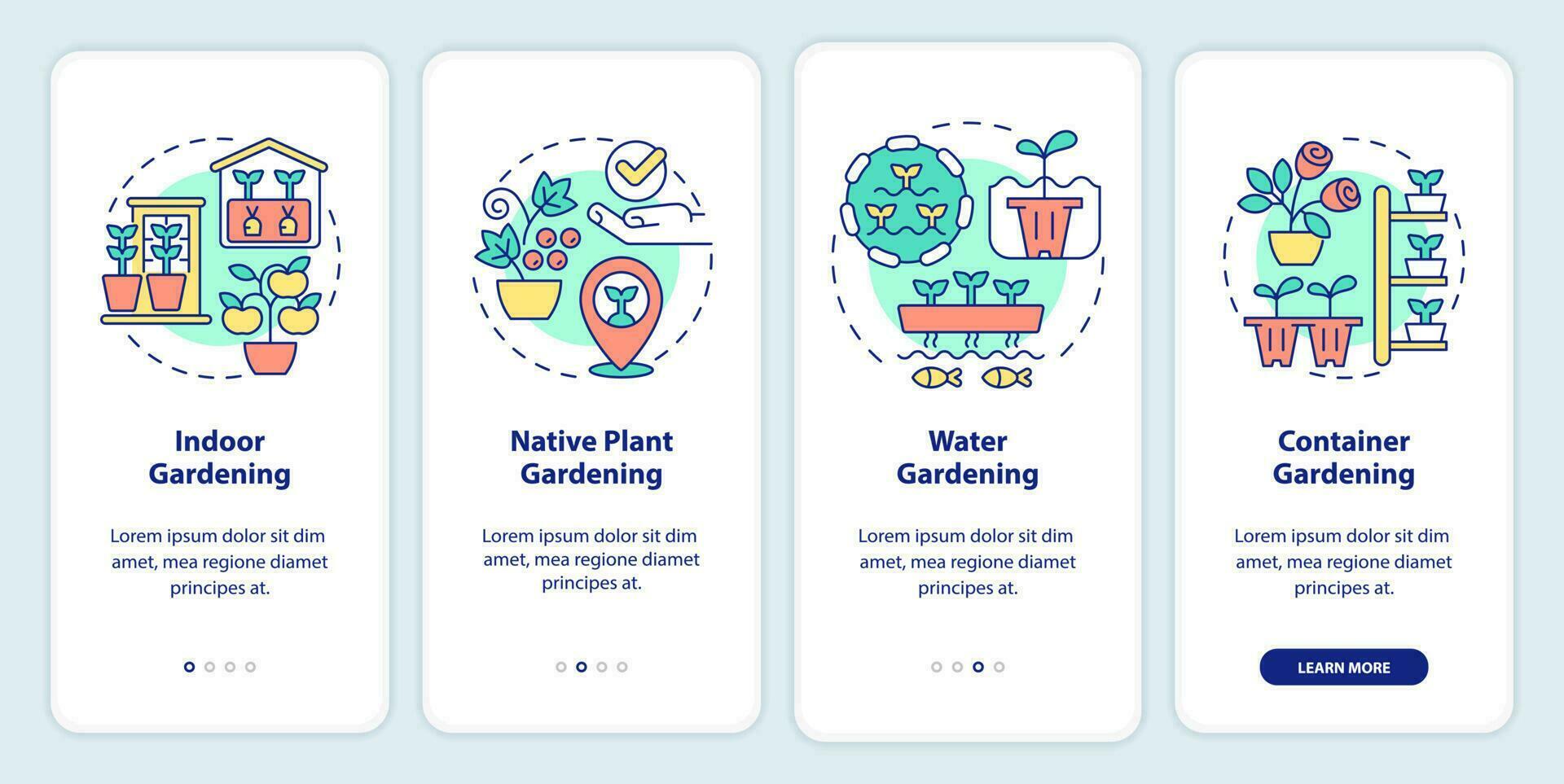 Gardening types onboarding mobile app screen. Planting definitions walkthrough 4 steps editable graphic instructions with linear concepts. UI, UX, GUI template vector