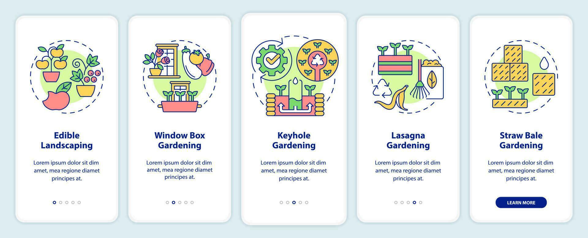 ideas para jardineros inducción móvil aplicación pantalla. vegetación recorrido 5 5 pasos editable gráfico instrucciones con lineal conceptos. ui, ux, gui modelo vector