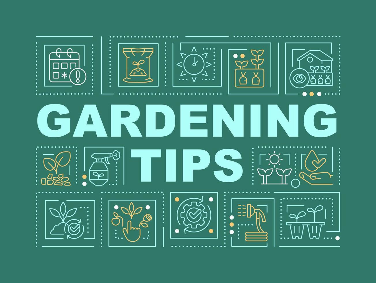 Gardening tips word concepts dark green banner. Plants care. Infographics with editable icons on color background. Isolated typography. Vector illustration with text