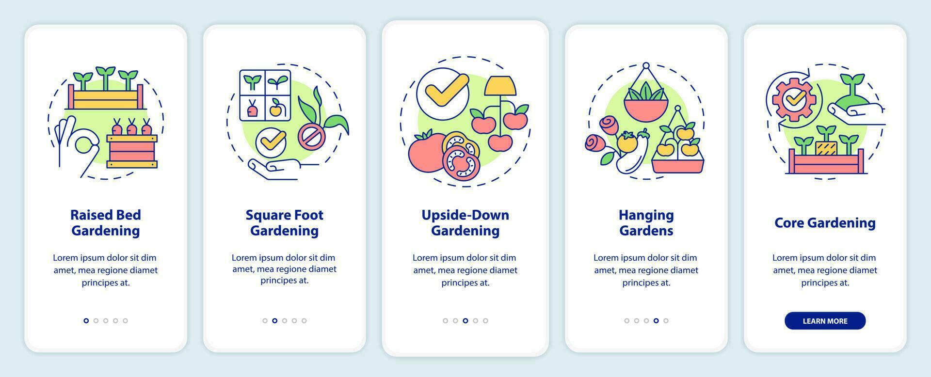 Effective gardening onboarding mobile app screen. Plant care walkthrough 5 steps editable graphic instructions with linear concepts. UI, UX, GUI template vector