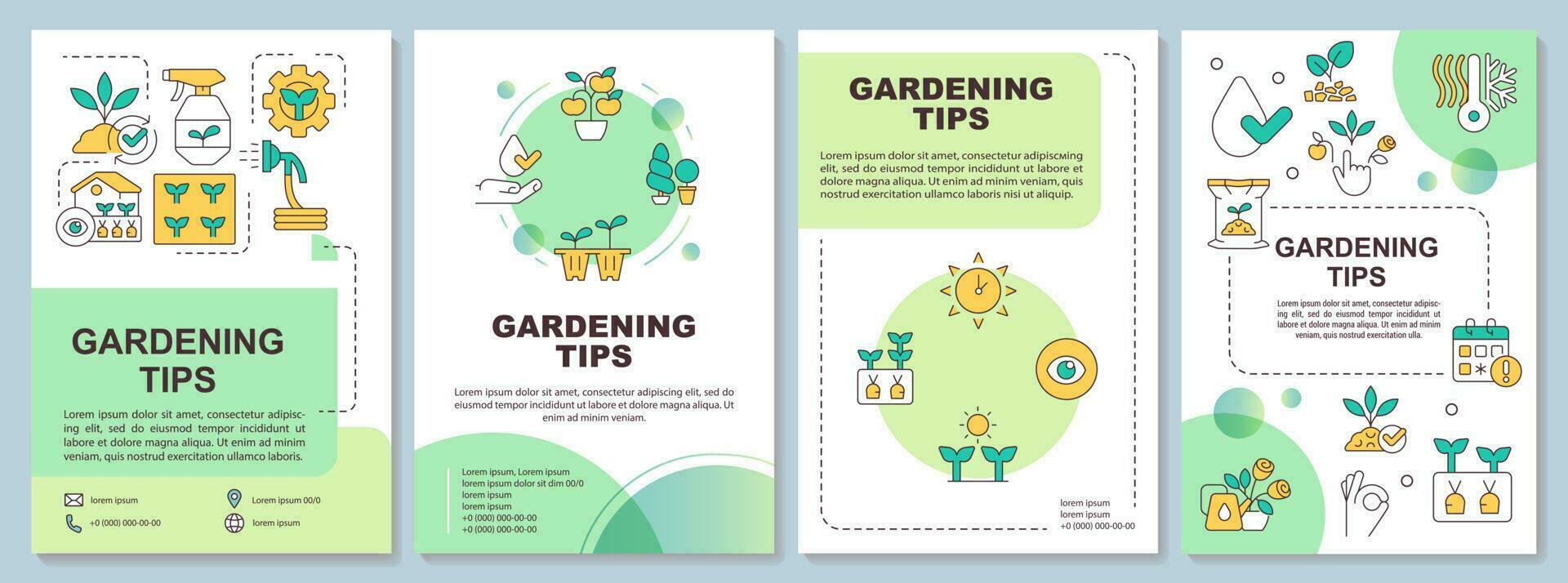 Gardening tips green brochure template. Horticulture. Leaflet design with linear icons. Editable 4 vector layouts for presentation, annual reports