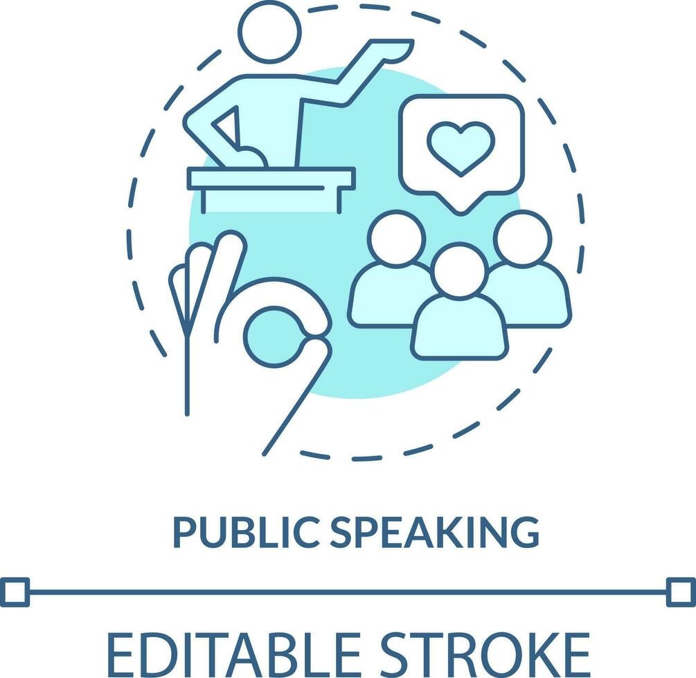 Public speaking turquoise concept icon. Essential life skill abstract idea thin line illustration. Motivational speaker. Isolated outline drawing. Editable stroke vector