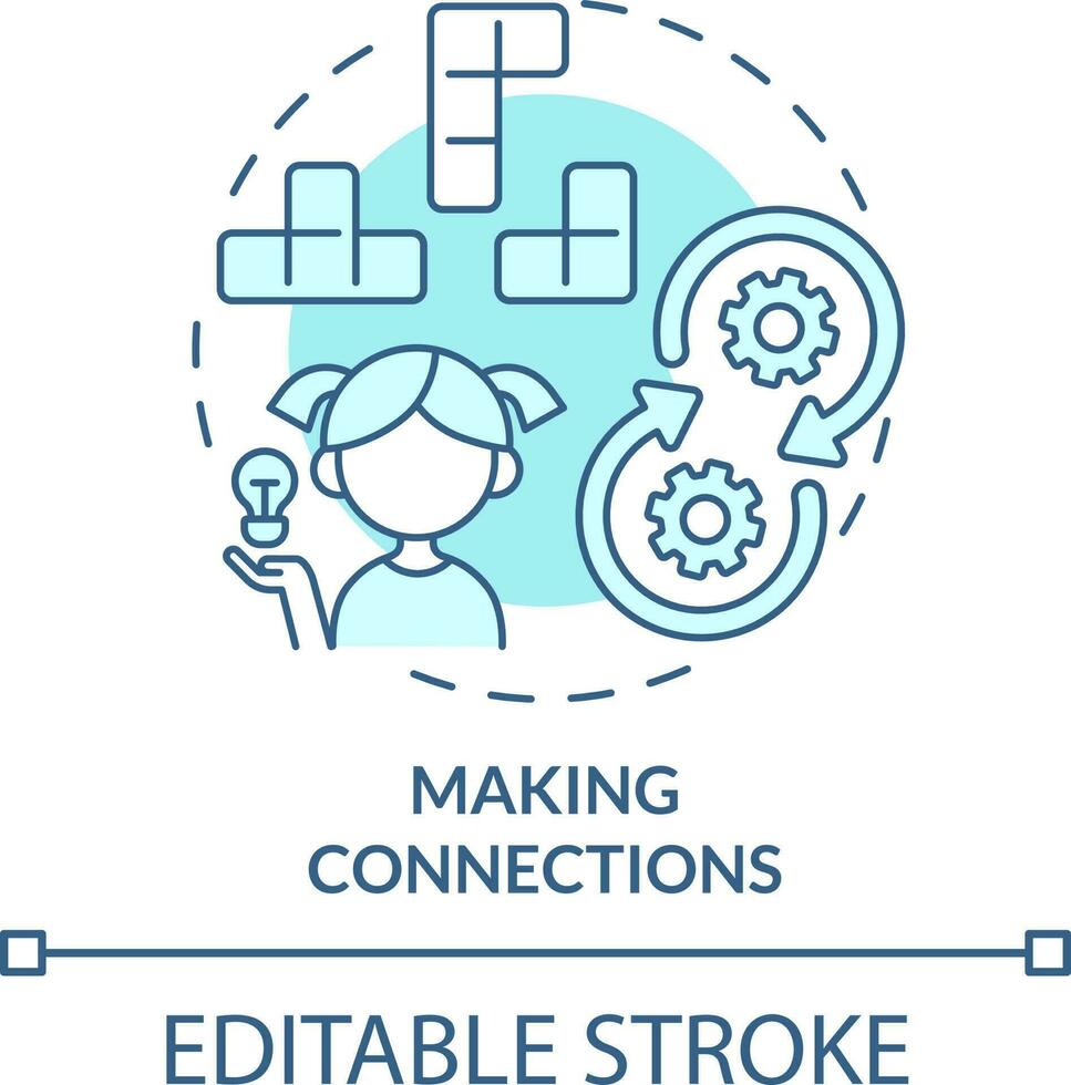 Making connections turquoise concept icon. Basic life skill for kid abstract idea thin line illustration. Solve problems. Isolated outline drawing. Editable stroke vector