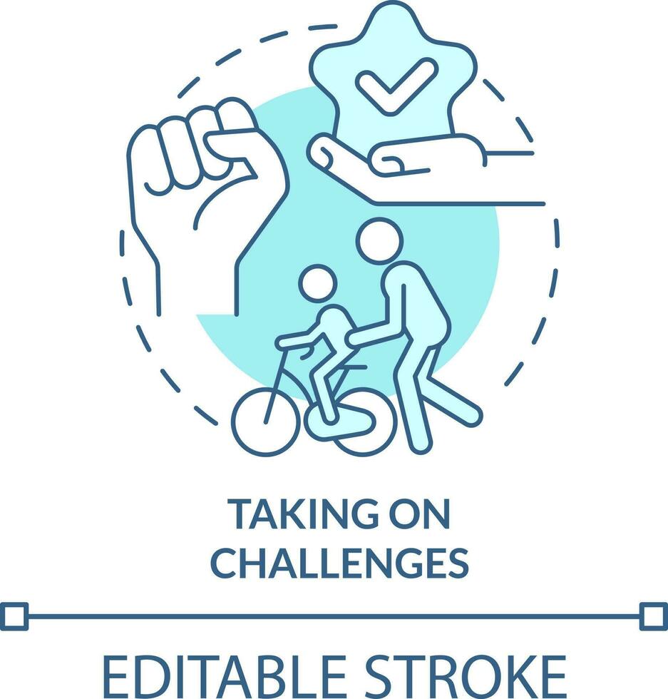 Taking on challenges turquoise concept icon. Life skill for kid abstract idea thin line illustration. Overcome obstacles. Isolated outline drawing. Editable stroke vector
