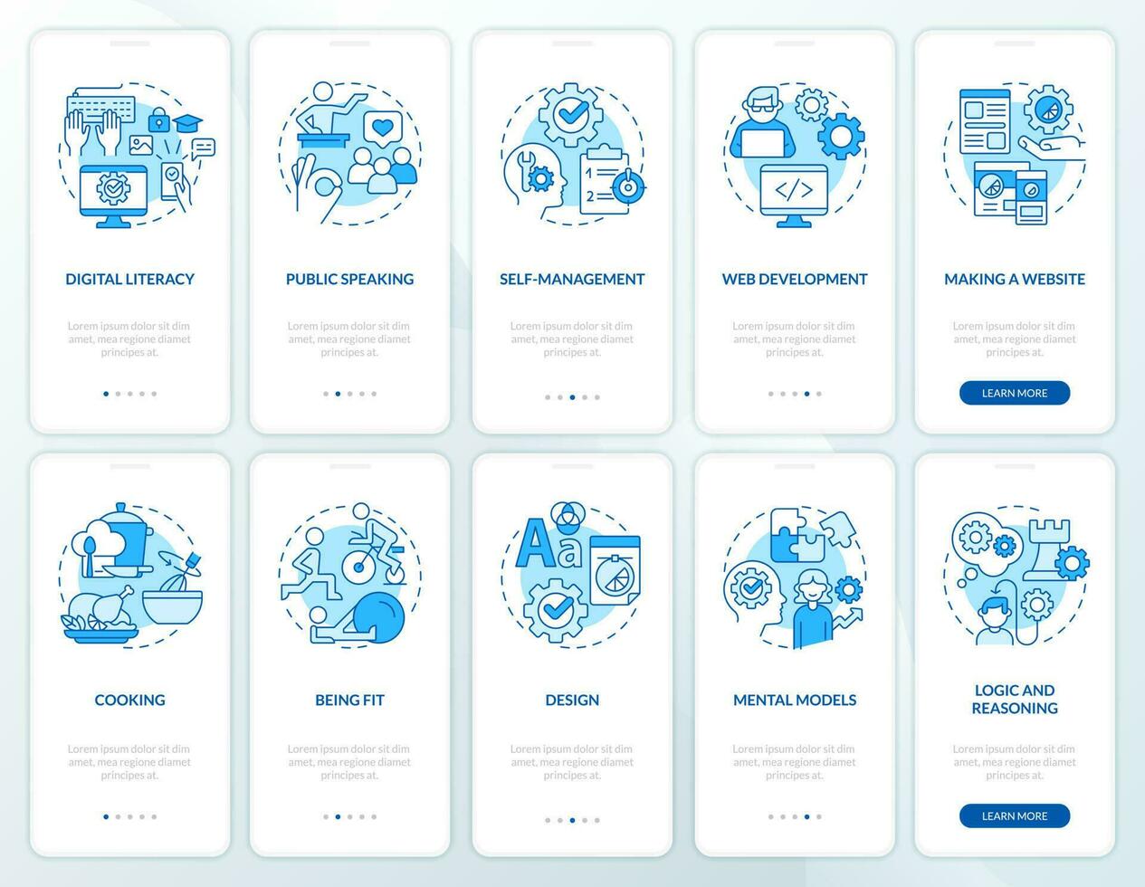 importante vida habilidades azul inducción móvil aplicación pantalla colocar. aprendizaje recorrido 5 5 pasos editable gráfico instrucciones con lineal conceptos. ui, ux, gui modelo vector