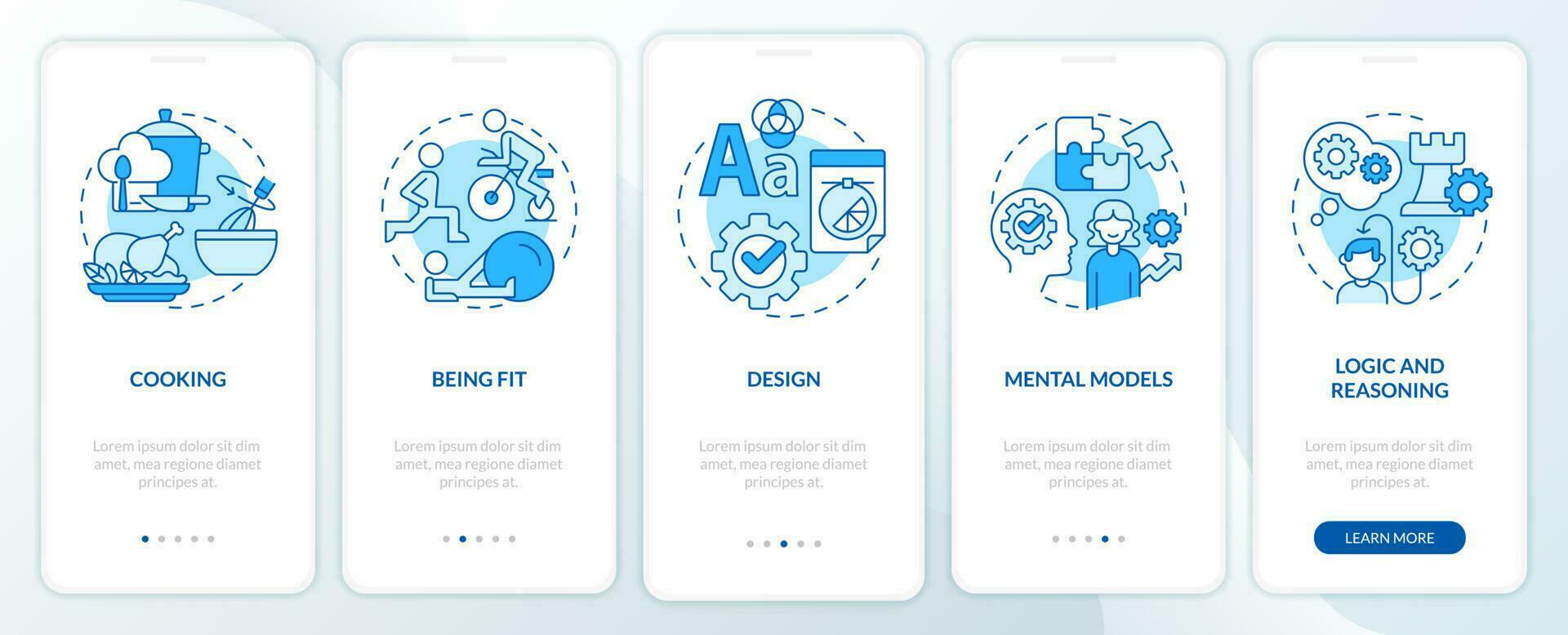 Life skills blue onboarding mobile app screen. Abilities and talents walkthrough 5 steps editable graphic instructions with linear concepts. UI, UX, GUI template vector
