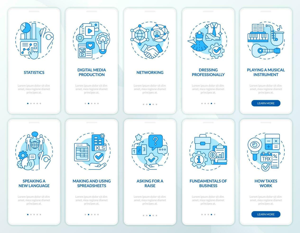 Important skills for life blue onboarding mobile app screen set. Walkthrough 5 steps editable graphic instructions with linear concepts. UI, UX, GUI template vector