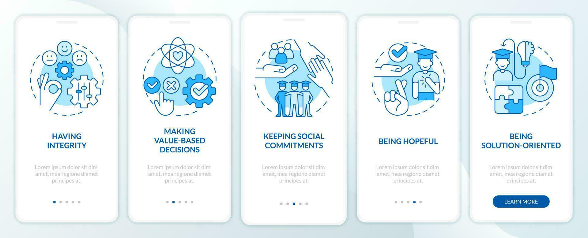 Skills for students blue onboarding mobile app screen. Efficiency walkthrough 5 steps editable graphic instructions with linear concepts. UI, UX, GUI template vector