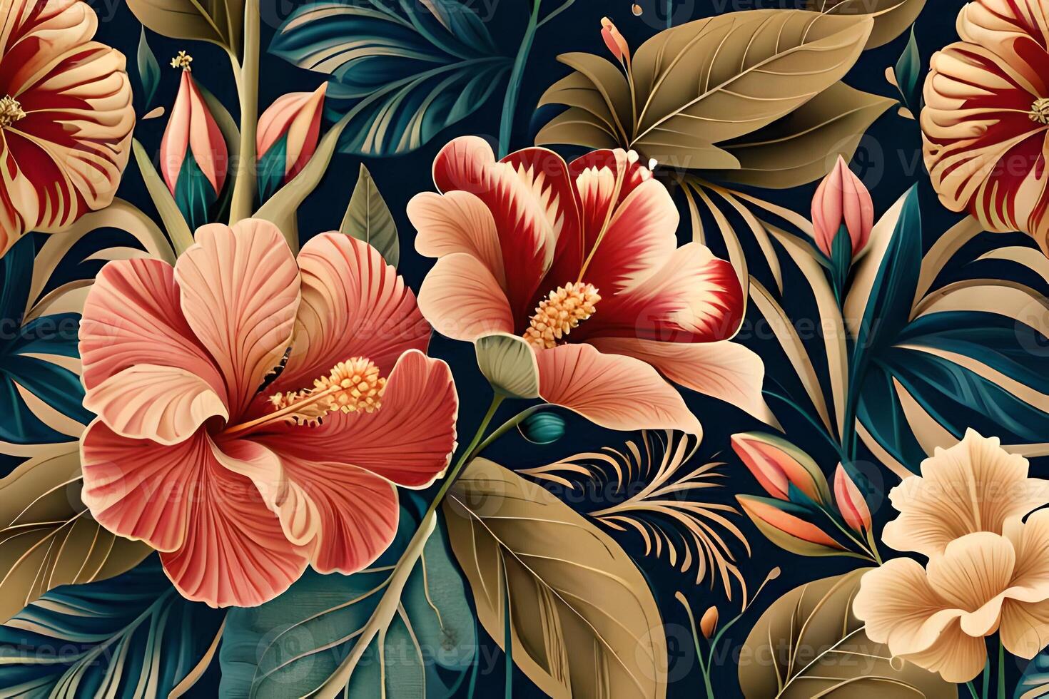 Beautiful background with hibiscus flowers and leaves photo