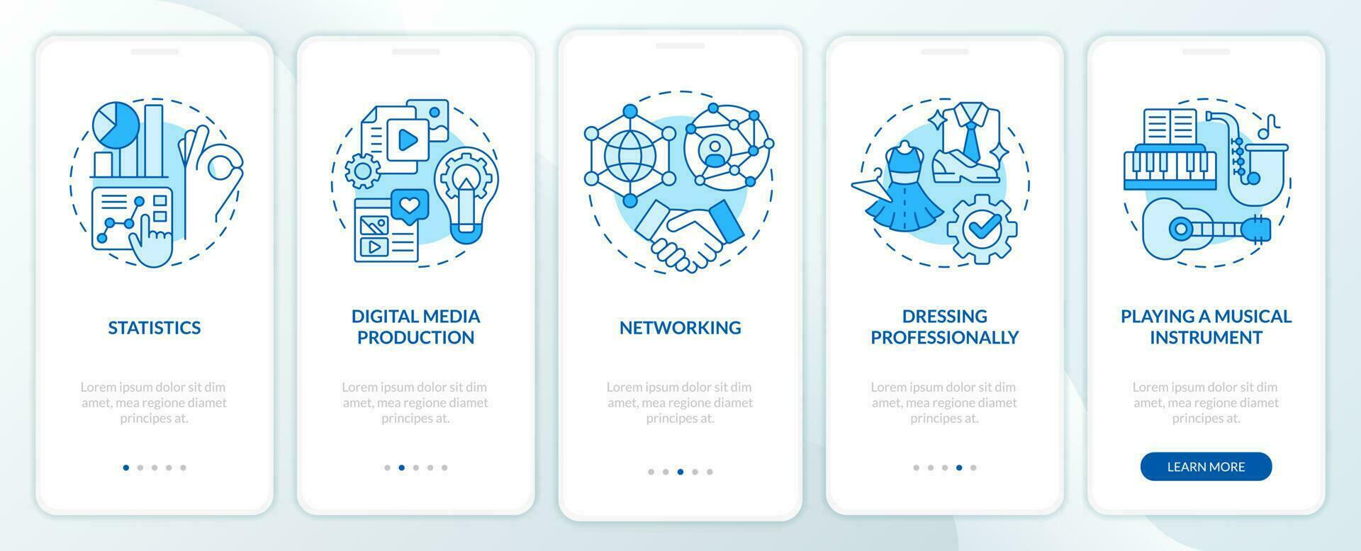 Professional skills blue onboarding mobile app screen. Career walkthrough 5 steps editable graphic instructions with linear concepts. UI, UX, GUI template vector