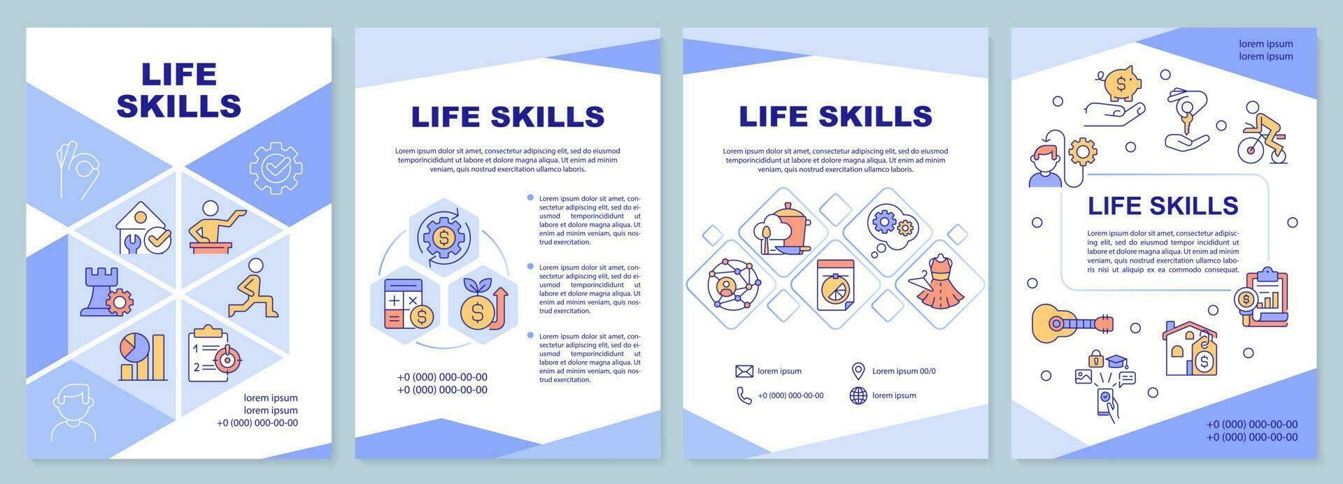 Life skills purple brochure template. Abilities. Leaflet design with linear icons. Editable 4 vector layouts for presentation, annual reports