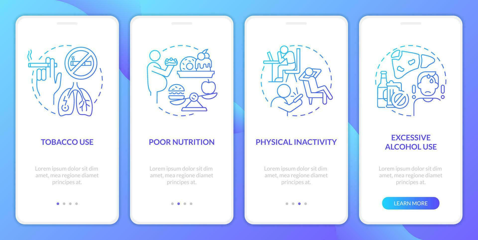 Chronic disease risk factors blue gradient onboarding mobile app screen. Walkthrough 4 steps graphic instructions with linear concepts. UI, UX, GUI template vector