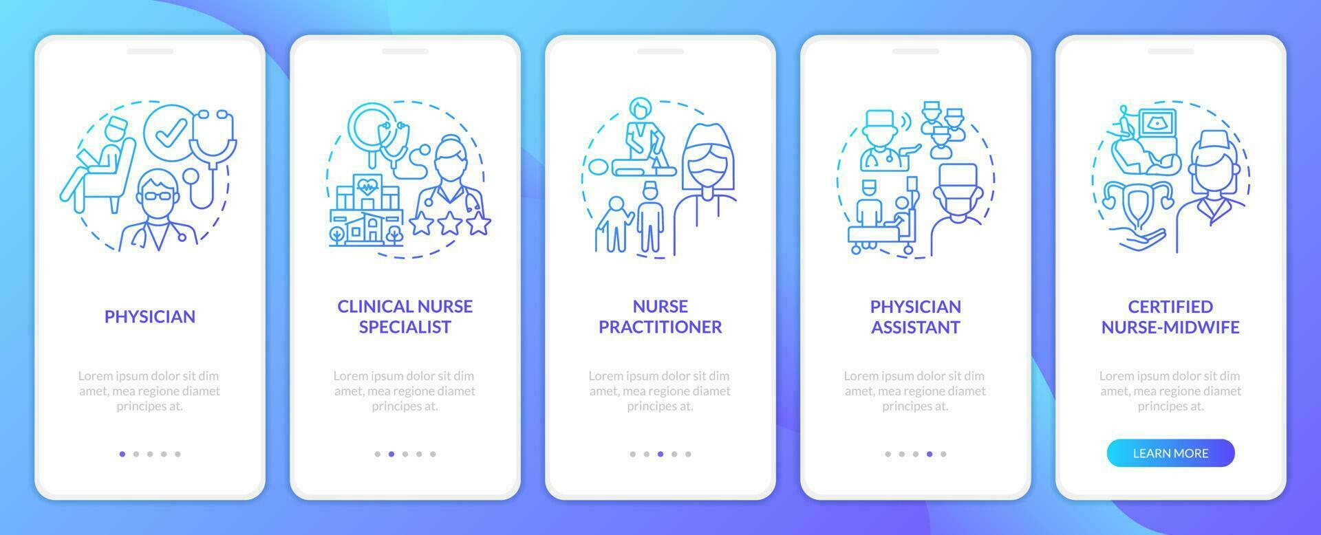 Chronic care management providers blue gradient onboarding mobile app screen. Walkthrough 5 steps graphic instructions with linear concepts. UI, UX, GUI template vector