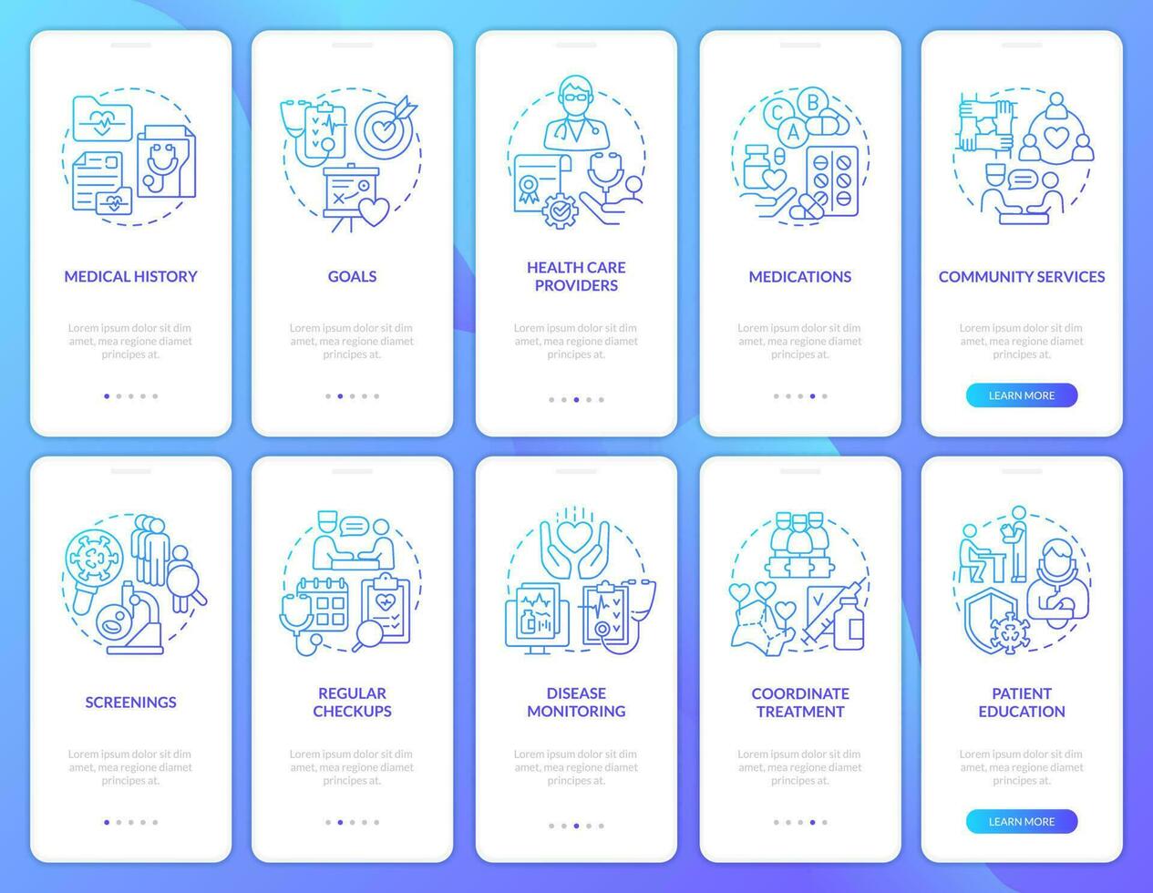 Chronic conditions management blue gradient onboarding mobile app screen set. Walkthrough 5 steps graphic instructions with linear concepts. UI, UX, GUI template vector