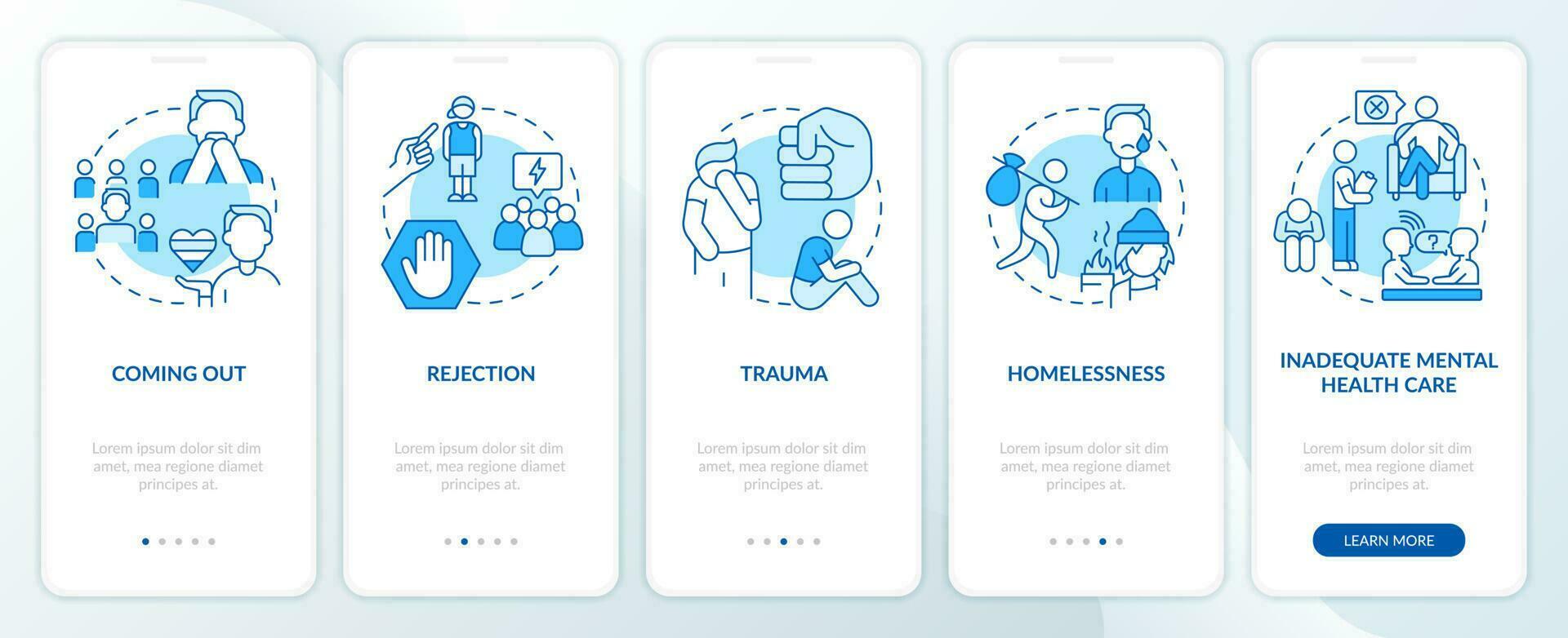 LGBTQI mental health risk factors blue onboarding mobile app screen. Walkthrough 5 steps editable graphic instructions with linear concepts. UI, UX, GUI template vector