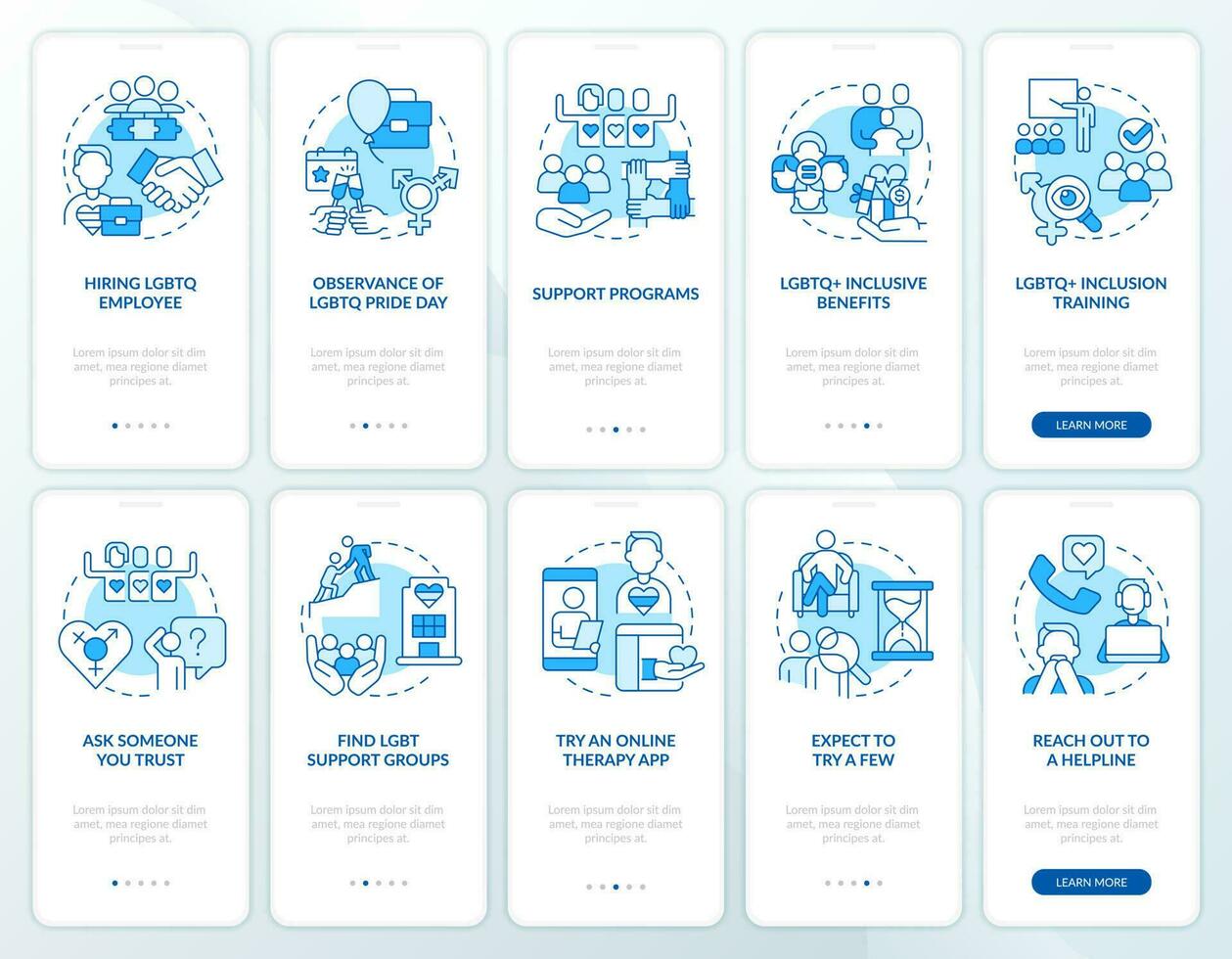 LGBTQI workplace and therapist blue onboarding mobile app screens set. Walkthrough 5 steps editable graphic instructions with linear concepts. UI, UX, GUI template vector