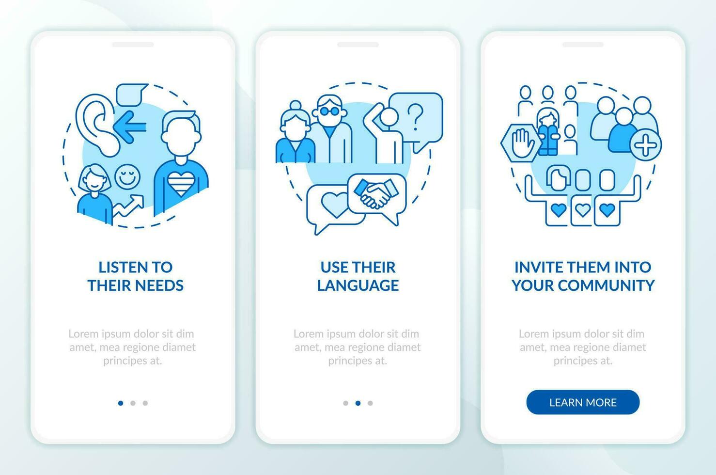 Support LGBTQ seniors blue onboarding mobile app screen. Community walkthrough 3 steps editable graphic instructions with linear concepts. UI, UX, GUI template vector