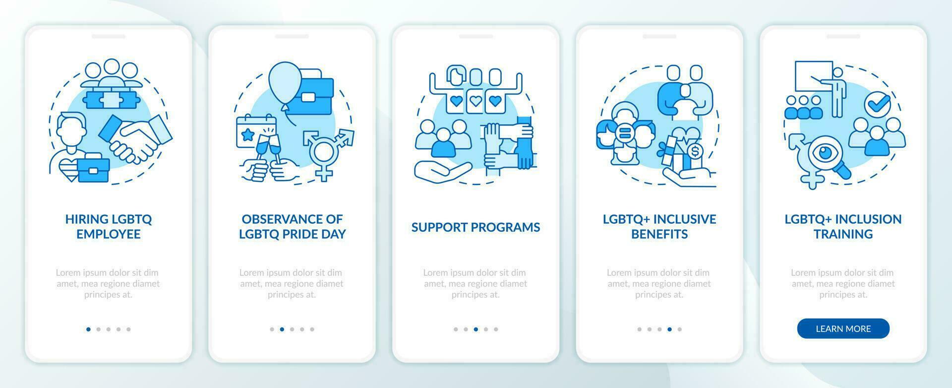 Creating LGBTQ inclusive workplace blue onboarding mobile app screen. Walkthrough 5 steps editable graphic instructions with linear concepts. UI, UX, GUI template vector