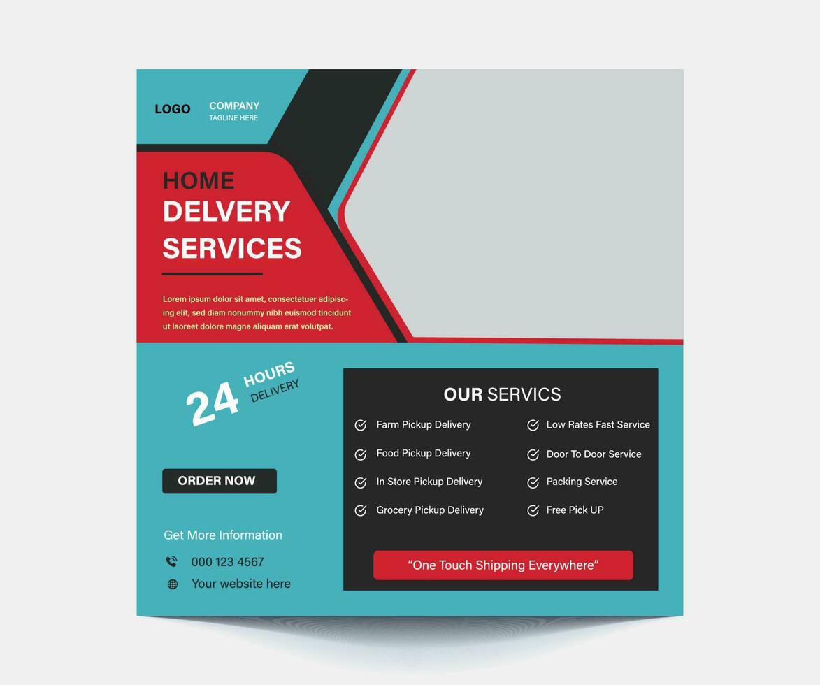 home delivery service poster template for business promotion. Express delivery service social media post vector with creative shapes. Home delivery business advertising web banner design.