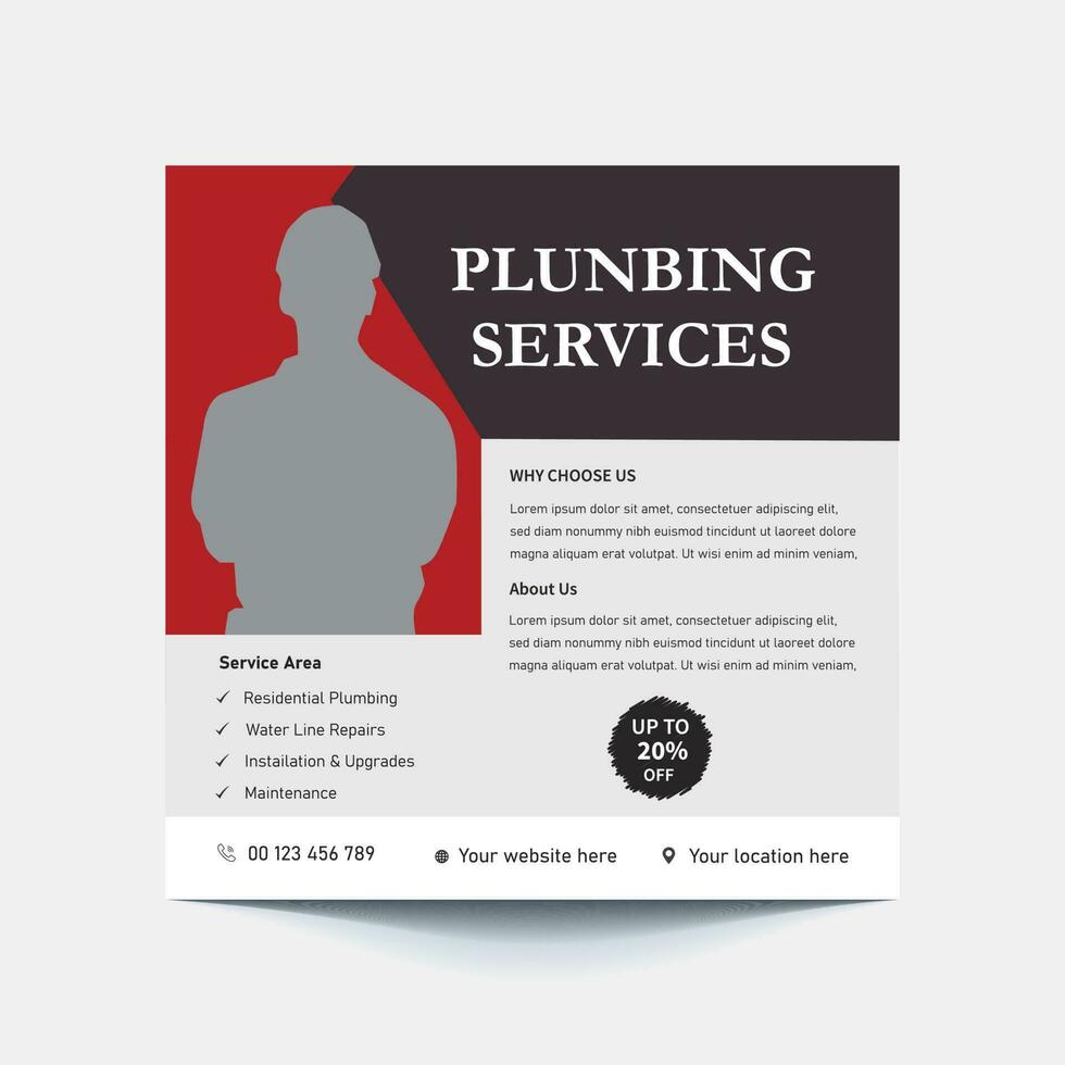 Plumbing service social media post template, plumber expert banner concept, repair pipes from sinks advertisement, toilets and bathrooms, abstract campaign editable, isolated. vector
