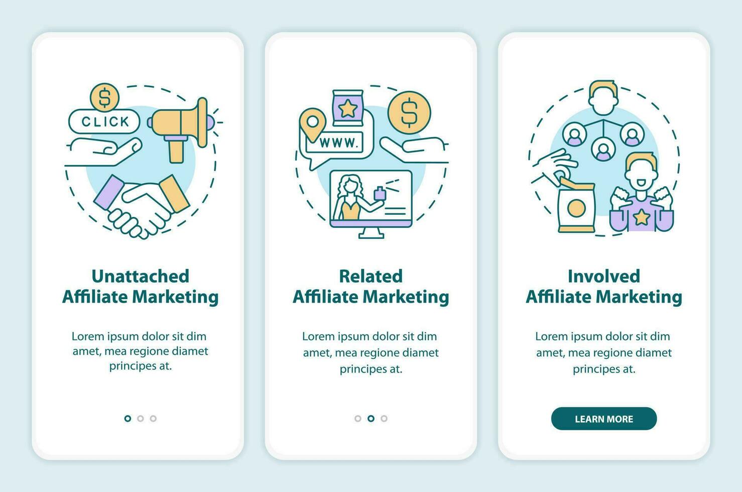 Affiliate marketing programs onboarding mobile app screen. Commerce walkthrough 3 steps editable graphic instructions with linear concepts. UI, UX, GUI template vector