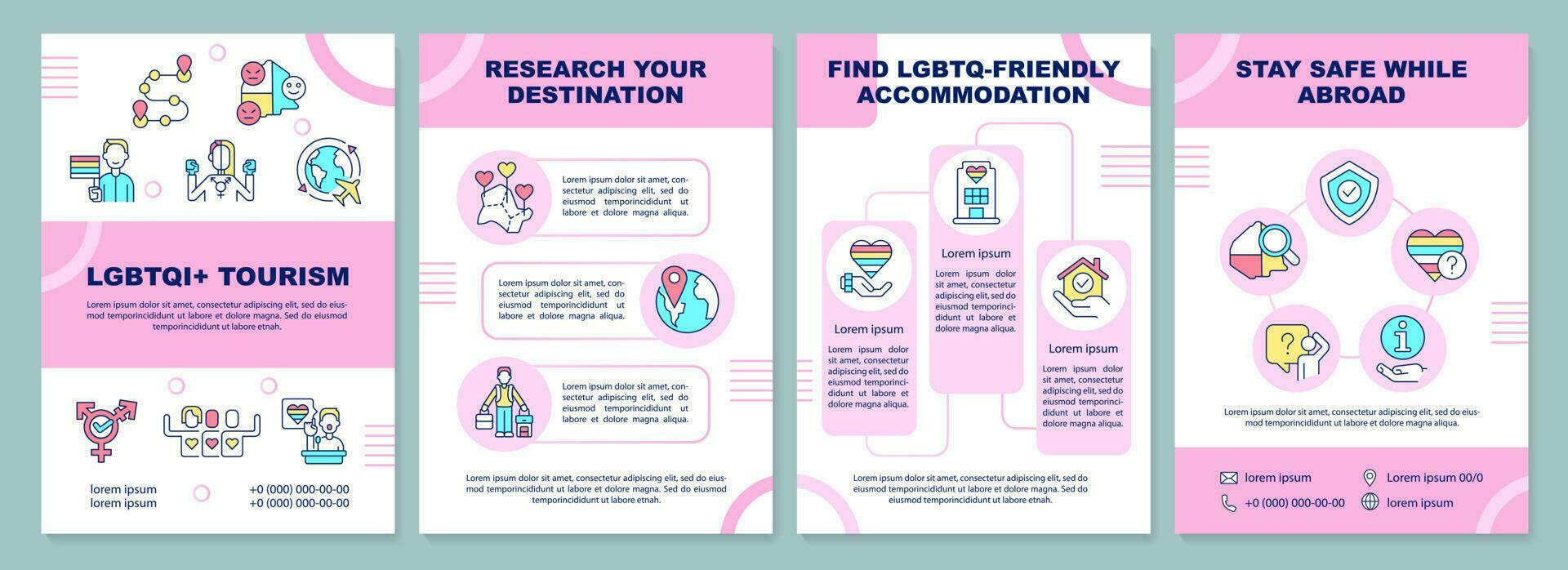 LGBTQI travel information pink brochure template. Safe trip. Leaflet design with linear icons. Editable 4 vector layouts for presentation, annual reports