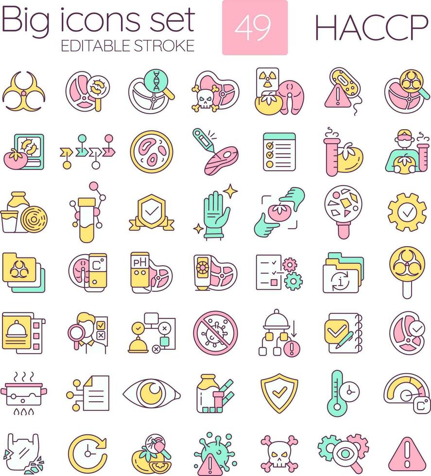 HACCP RGB color icons set. System of food quality control. Products manufacturing safety. Hazard prevention. Isolated vector illustrations. Simple filled line drawings collection. Editable stroke