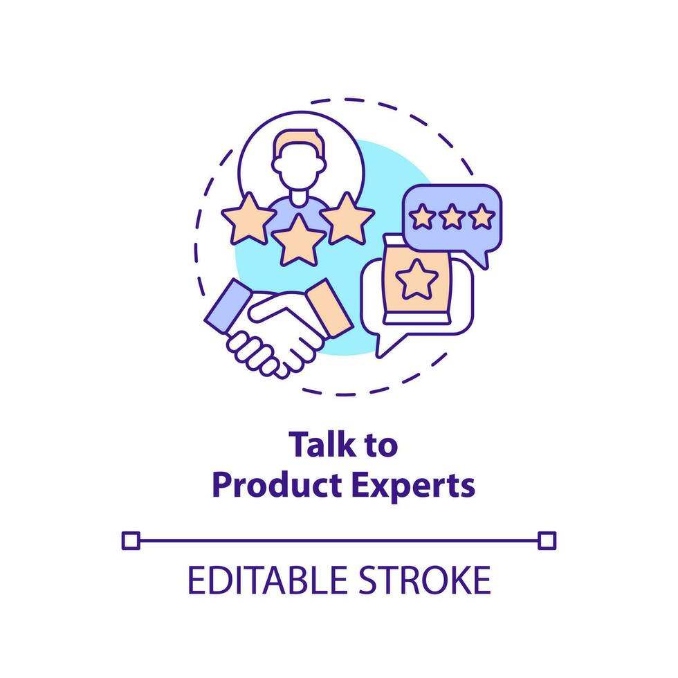 Talk to product experts concept icon. Get recommendation. Begin affiliate program abstract idea thin line illustration. Isolated outline drawing. Editable stroke vector