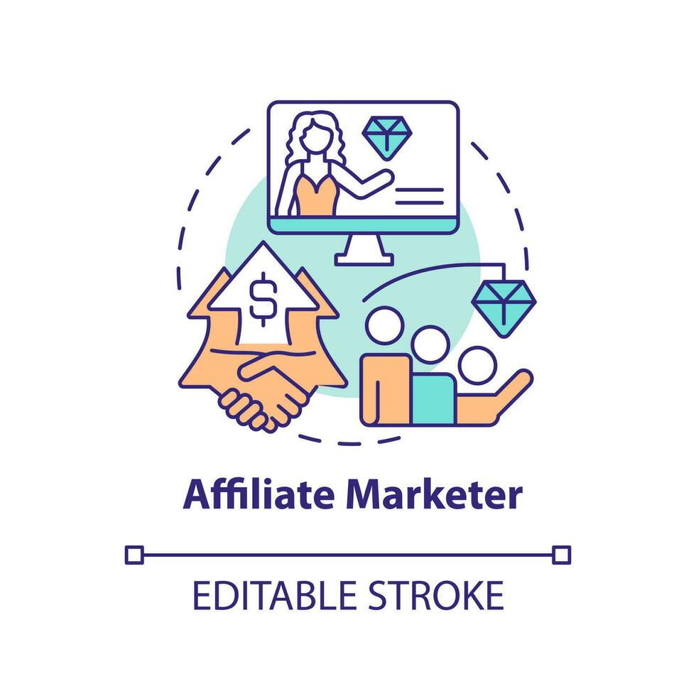 Affiliate marketer concept icon. Influencer impact. Party in performance marketing abstract idea thin line illustration. Isolated outline drawing. Editable stroke vector
