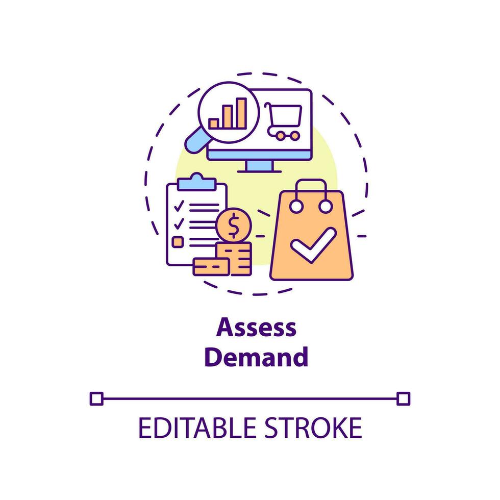 Assess demand concept icon. Search trends. Select affiliate marketing niche abstract idea thin line illustration. Isolated outline drawing. Editable stroke vector