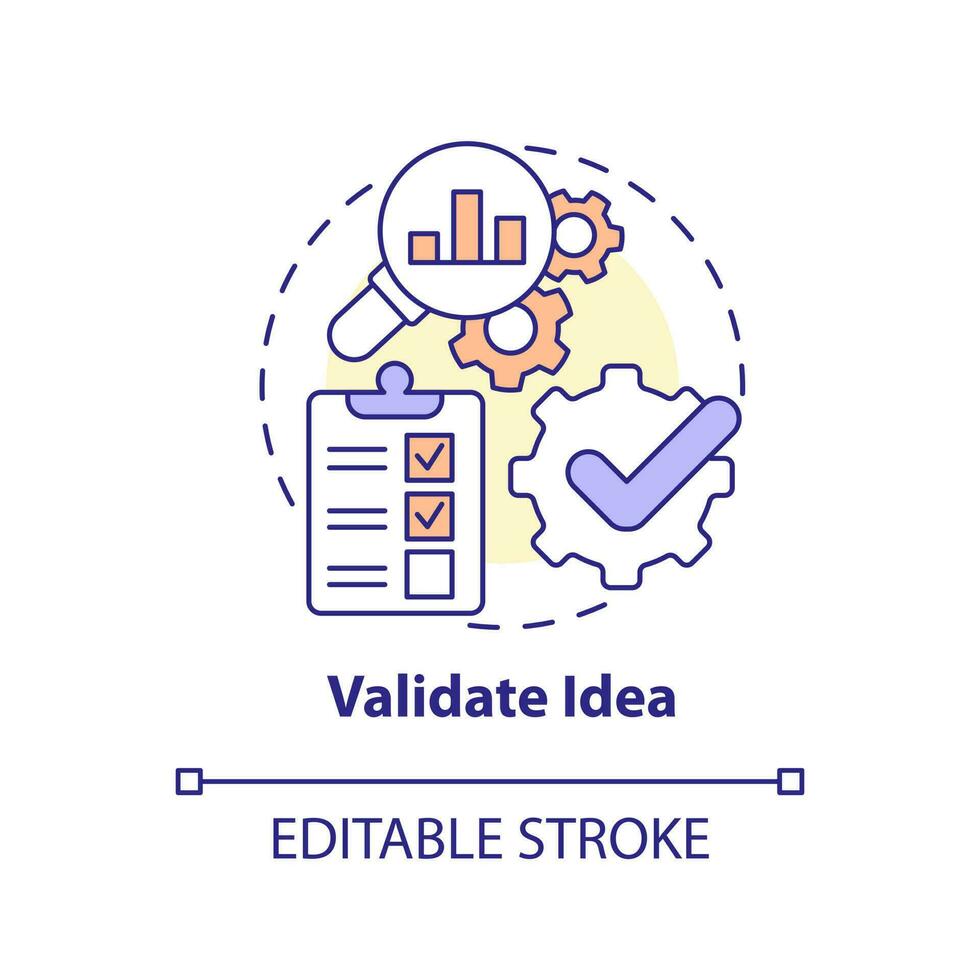 Validate idea concept icon. Analysis market. Become affiliate merchant abstract idea thin line illustration. Isolated outline drawing. Editable stroke vector