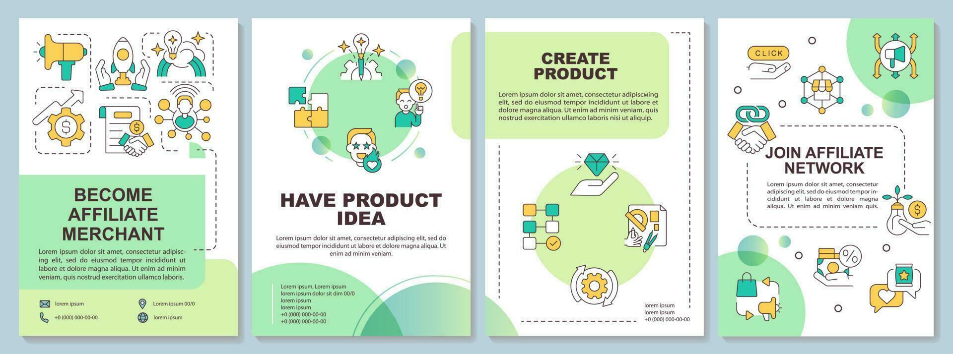Become affiliate merchant green gradient brochure template. Marketing. Leaflet design with linear icons. 4 vector layouts for presentation, annual reports