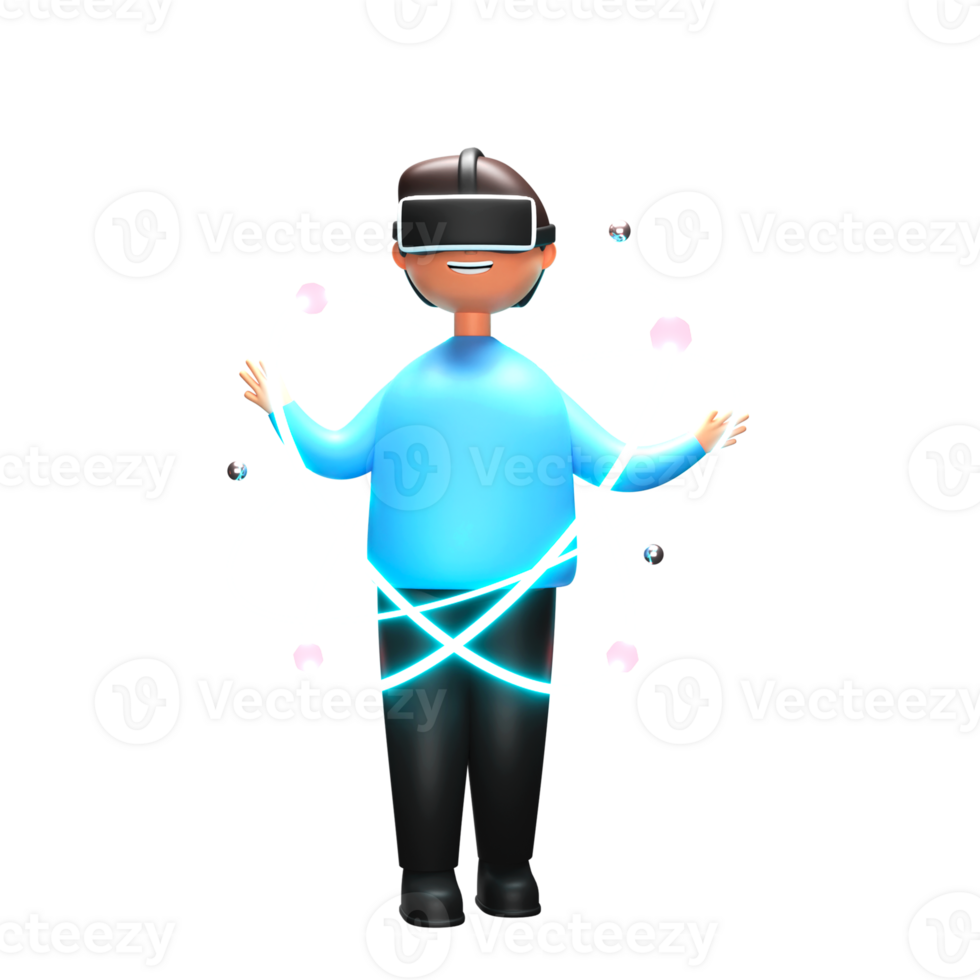 3D Rendering of a Male Character Wearing VR Goggle and Experiencing the Virtual World Around. Atomic Structure, Technology Concept. png