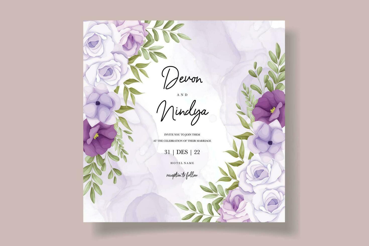 Elegant wedding invitation card with purple flowers vector