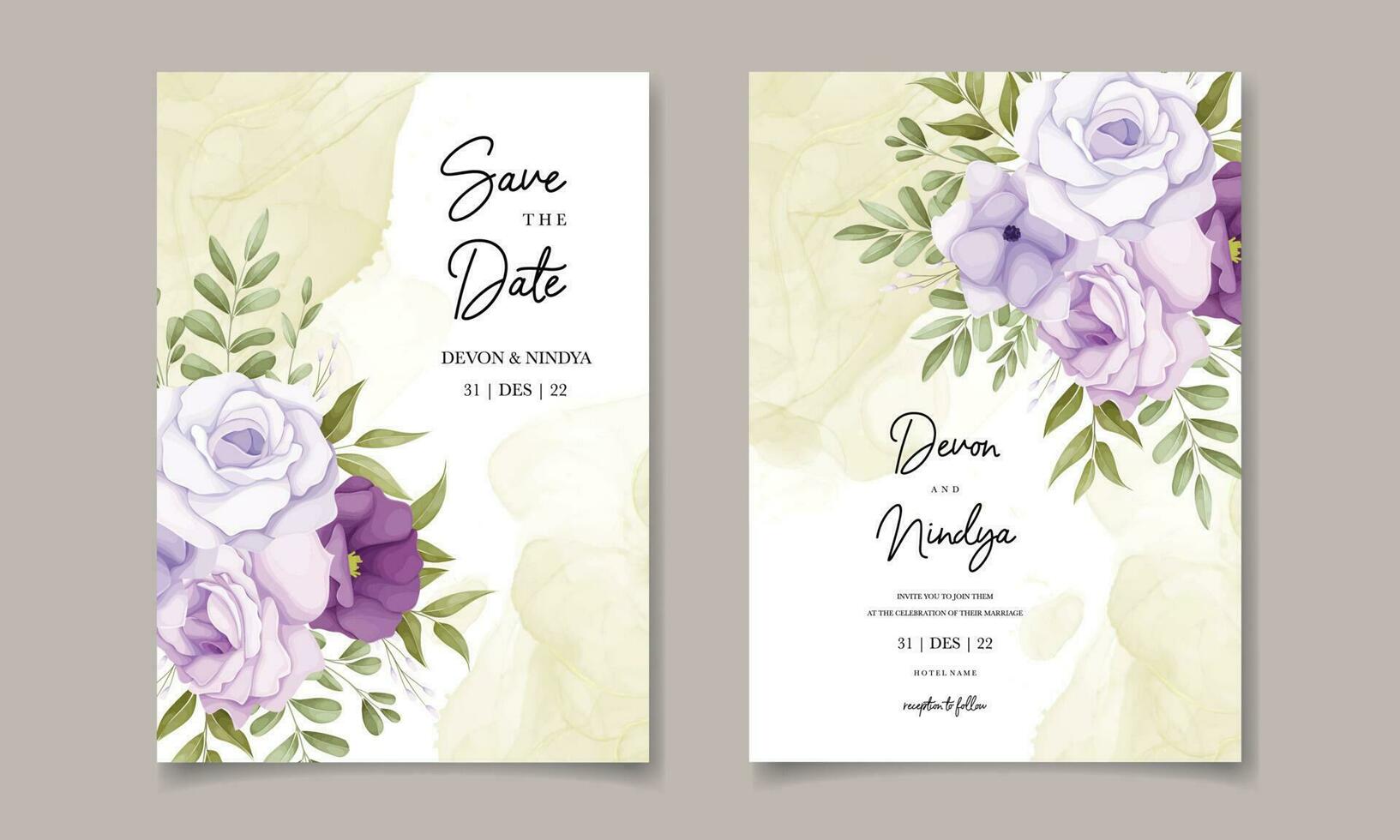 Elegant wedding invitation card with purple flowers vector