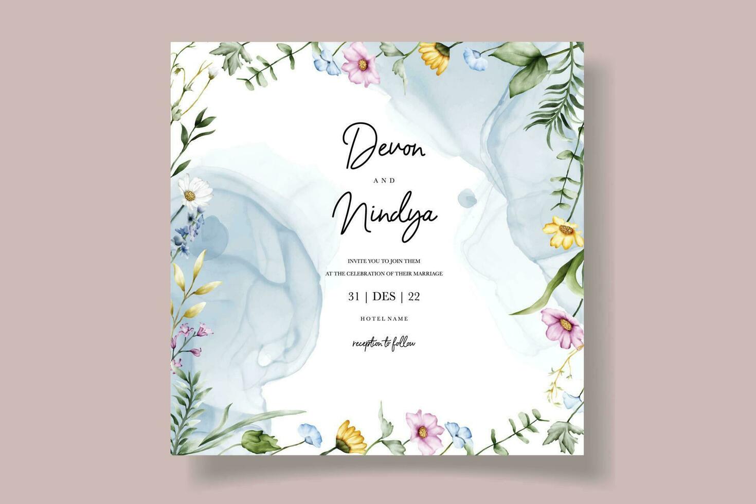 Wedding invitation card with beautiful watercolor flowers vector