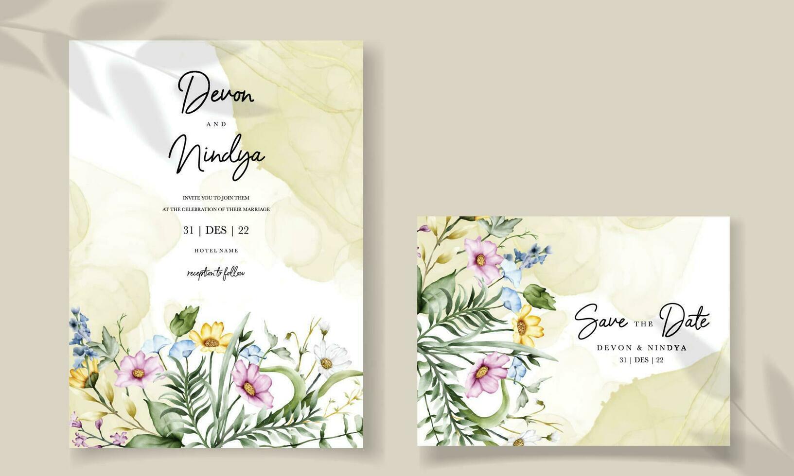 Wedding invitation card with beautiful watercolor flowers vector