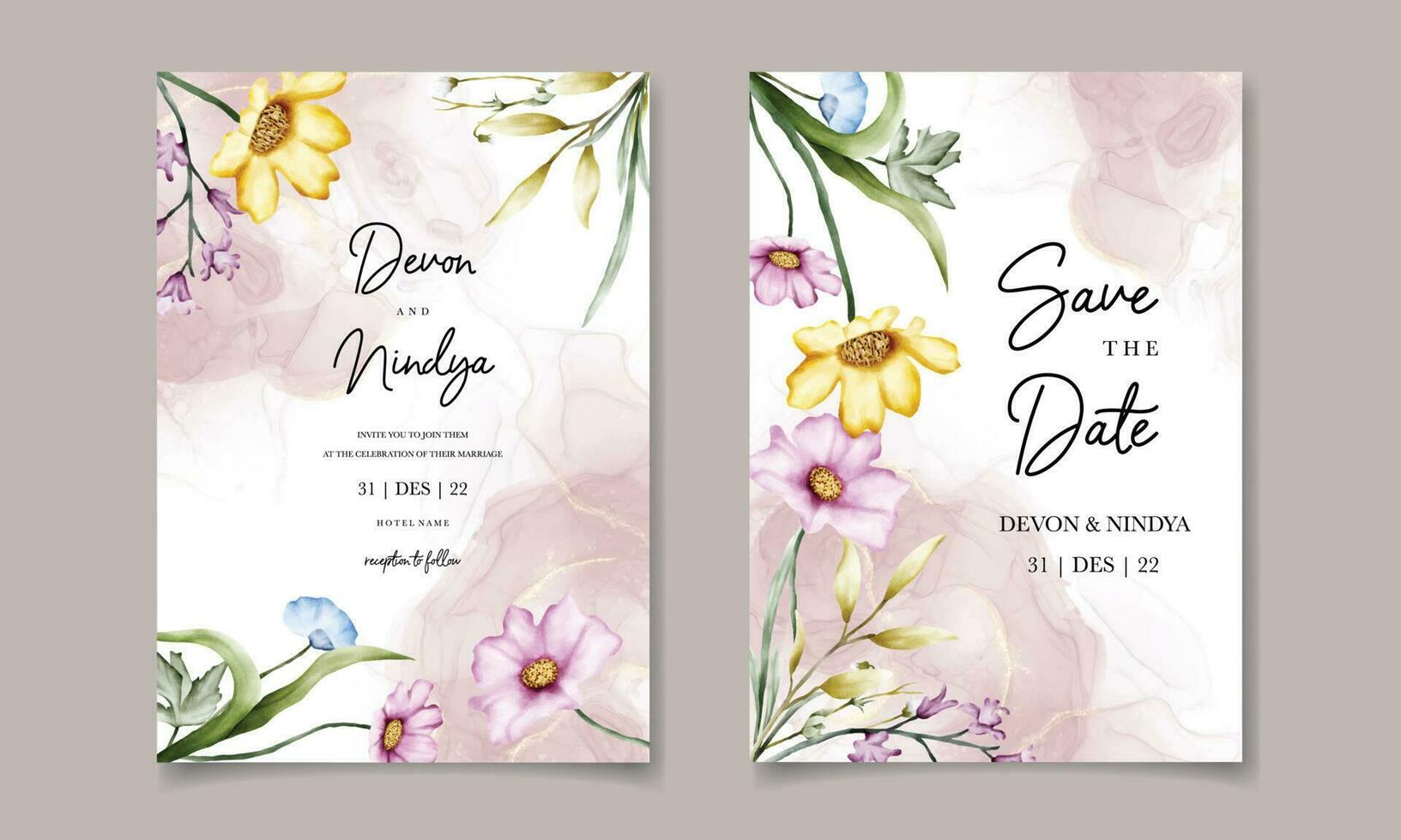 Elegant wedding invitation card with beautiful watercolor flowers vector