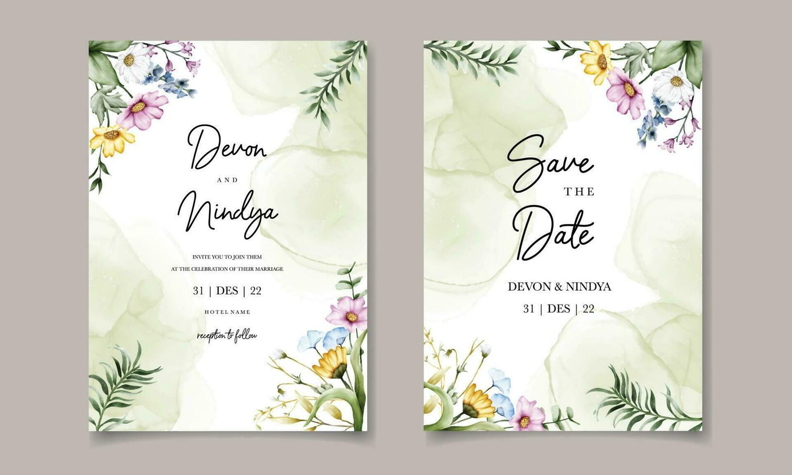 Wedding invitation card with beautiful watercolor flowers vector