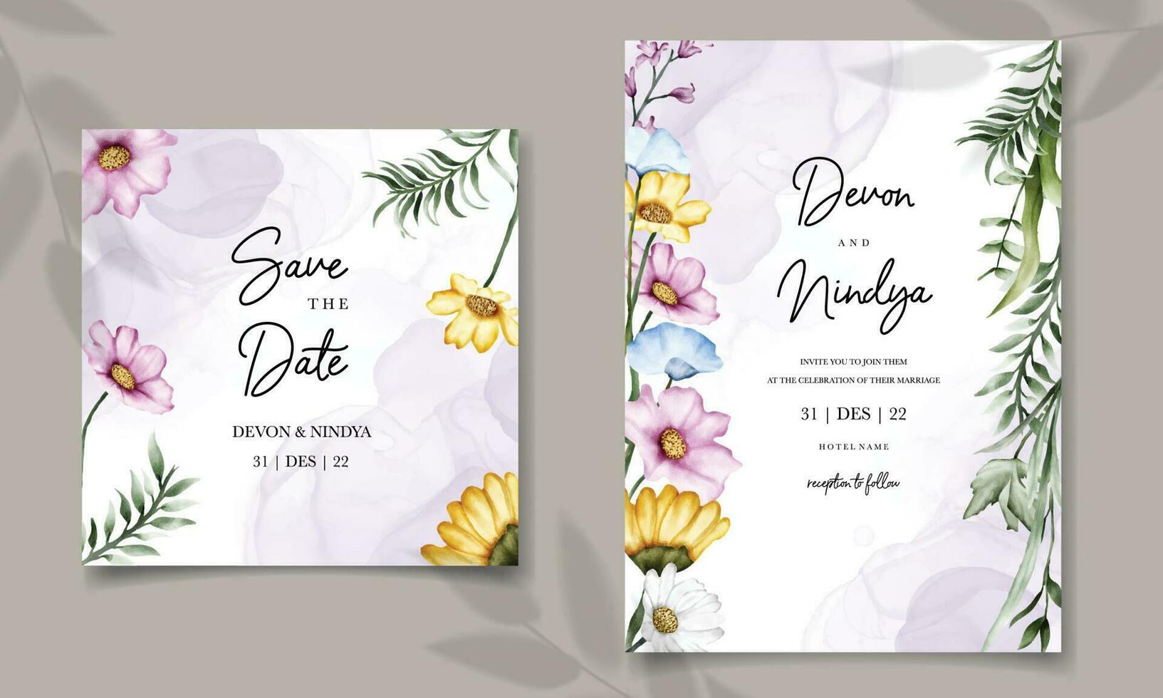 Elegant wedding invitation card with beautiful watercolor flowers vector