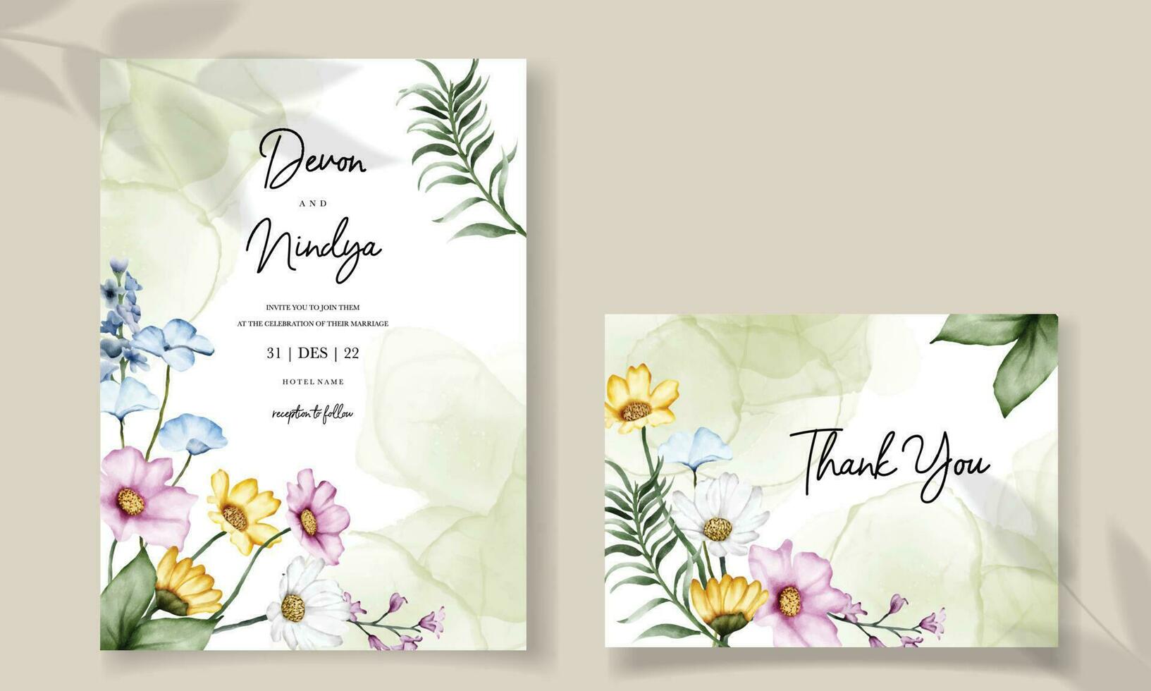 Elegant wedding invitation card with beautiful watercolor flowers vector