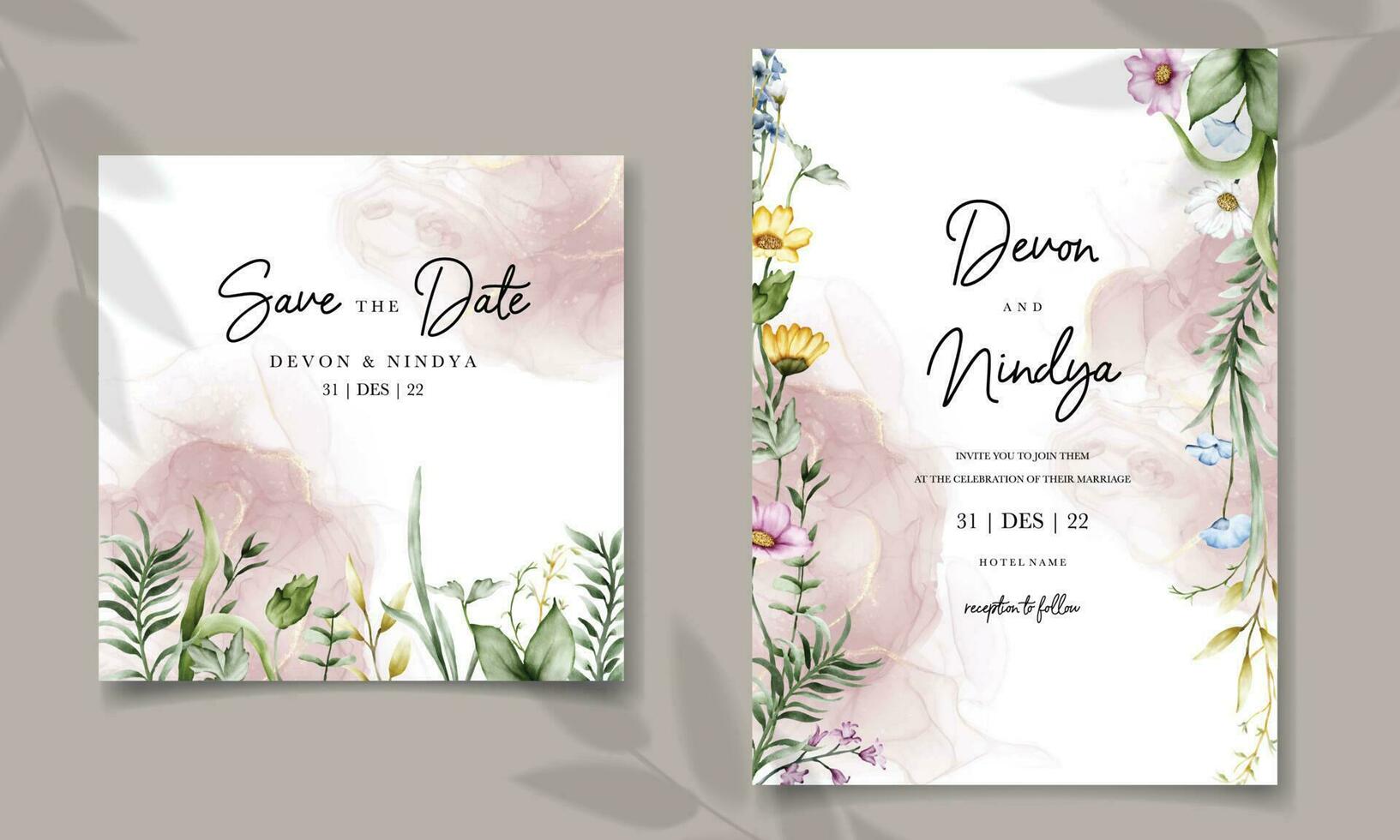 Wedding invitation card with beautiful watercolor flowers vector