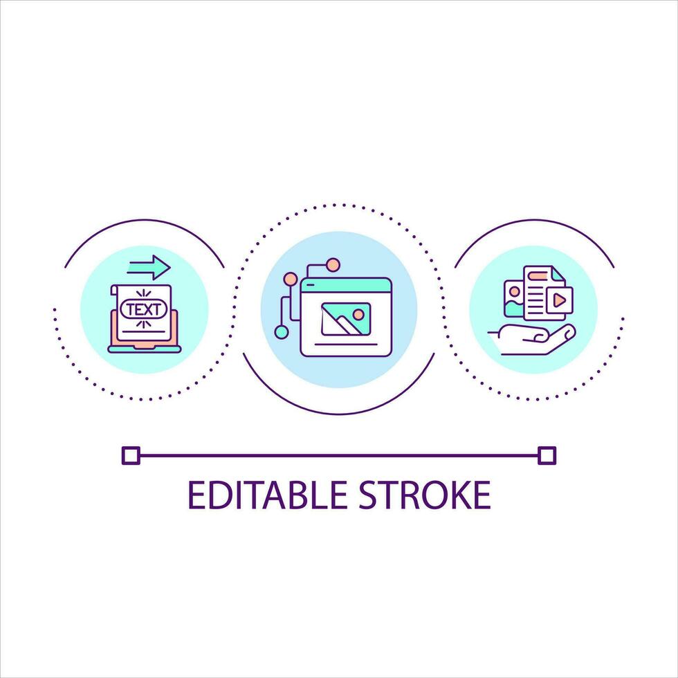 Computer generated content loop concept icon. Metaverse technology of creation. Virtual reality network abstract idea thin line illustration. Isolated outline drawing. Editable stroke vector