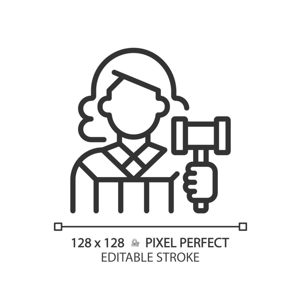 Judge pixel perfect linear icon. Case deciding in law court. Legislative system presentant. Judgement process. Thin line illustration. Contour symbol. Vector outline drawing. Editable stroke
